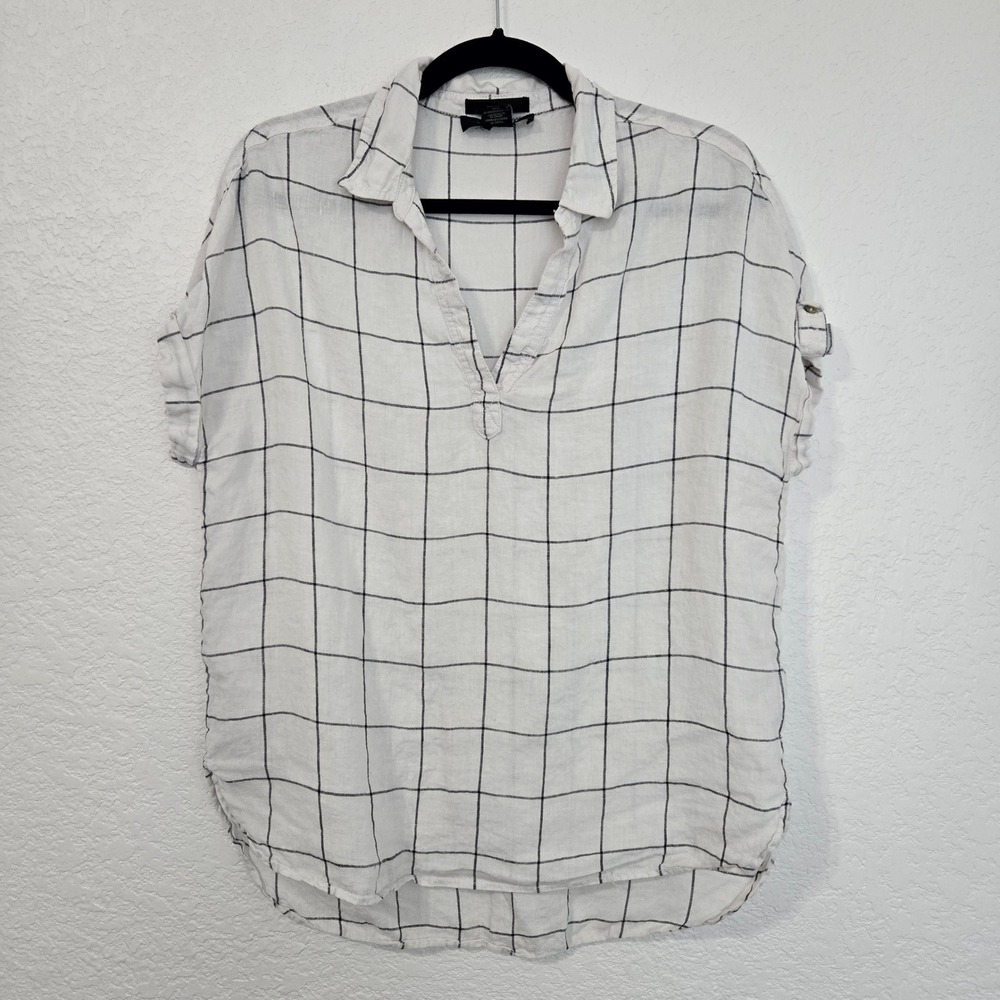Tahari Womens White Black Windowpane 100% Linen Split Neck Cuffed Sleeve Top S